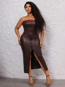 Lureya Robe longue bustier bordeaux patchwork pour femmes, mode automne/hiver. Robe de soirée fendue sexy avec boutons devant pour soirée, événement formel, tapis rouge