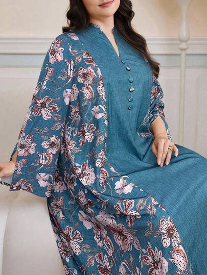 Al Najma Plus Size Women Floral Print Long Sleeve Button Design V-Neck Loose Arabic Style Maxi Dress