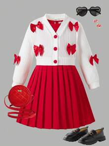 Elladie kids 2 件套年轻女孩时尚红色圆领褶皱无袖连衣裙搭配白色罗纹长袖开衫夹克，可爱俏皮风格适合派对，春秋季 - 紅色 - 查看 3