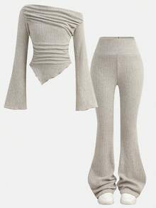 Girlism 少女休闲轻薄褶皱长袖修身针织上衣搭配喇叭裤套装，适合居家、户外活动、旅行、机场出行、日常休闲穿着、返校季和圣诞节等场合。 - 杏色 - 查看 8