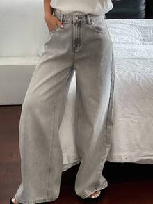 Dazy Tall Women's Casual Washed High Waist Wide Leg Jeans - Grey - View 8
