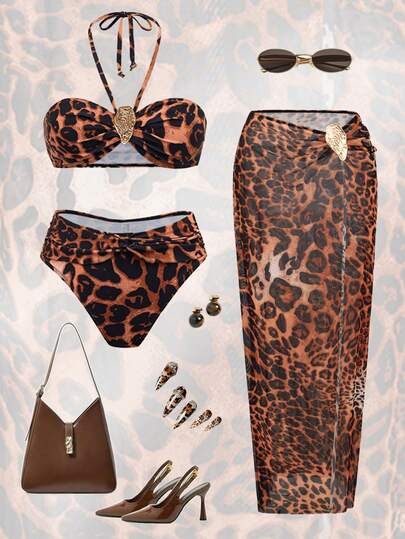 Swim Oasis Conjunto de bikini sexy de 3 piezas con decoración de metal de estampado de leopardo y cubridor, para verano