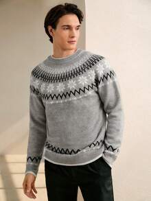 RONVEXI Men's Grey Autumn Smart Casual Fair Isle Snowflake Pattern Sweater,Retro Loose Fit Icelandic Noble Sweater For Vacation Gift For Boyfriend Husband - Multicolor - View 2