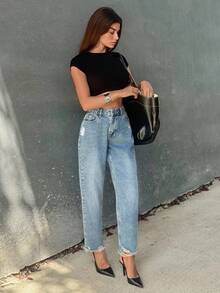 EURMUSE Lässige Jeans mit hoher Taille, geradem Bein und Taschen mit Reißverschluss, geeignet für den täglichen Gebrauch - Mittele Waschung - Übersicht 6