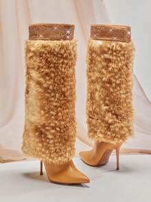 SHUZIA Women Fashionable Furry Pointed Toe Skinny Heel Winter Warm Comfortable Knee-High Boots - Multicolor - View 6