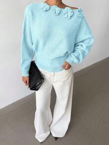 Selianne Women's Elegant Floral Rhinestone Decor Asymmetric Shoulder Solid Color Sweater - Baby Blue - View 6
