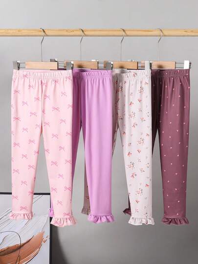 4pcs/Set Girls' Floral, Bow, Heart Pattern Knit Leggings
