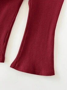 SHEIN Babygirl Ditsy Floral Long Sleeve Shirt Set, Fashionable For Vacation And Party, Autumn/Winter Toddler Girl Two Piece Sets 2pcs Set Toddler Girls Fall Girls Clothes Baby Bell Bottom Outfit Floral Print Red Tops For Baby - Multicolor - View 3