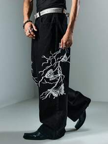 ROMWE MEN Anime Quần Jeans Denim Thêu Tia Chớp Tối Cho Nam - màu đen - Xem 7