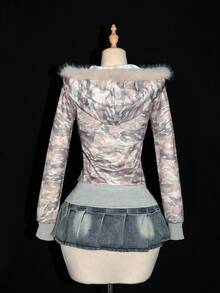 Elamini Moletom feminino casual minimalista com estampa camuflada vintage manga comprida com capuz, outono - Multicolorido - Ver 2