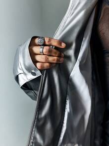 ROMWE MEN Street Life Áo khoác nam tay dài tối giản màu bạc - Bạc - Xem 14