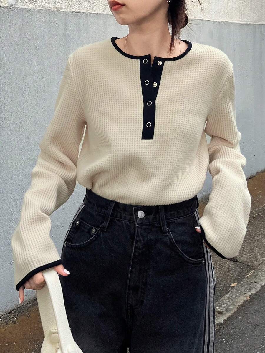 FRIFUL 女士宽松圆领半拉链撞色袖口和门襟华夫格纹理休闲T恤