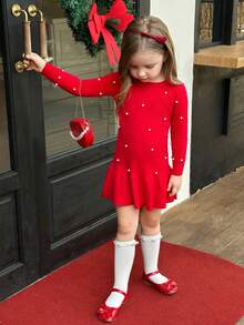 Elladie kids 少女红色串珠圆领鱼尾针织连衣裙，散发优雅高贵气质。适合圣诞庆典、秋冬穿着、派对和拍照。