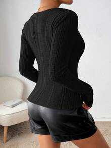 Siren Gaze 女士休闲针织百搭基本款圆领半扣罗纹针织长袖T恤修身T恤返校T恤教师T恤教师服装秋季女上衣秋季女装 - 黑色 - 查看 3