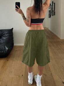 StreetHx Women's Casual Solid Color Utility Pocket Drawstring Waist Shorts, Spring - Army Green - View 2