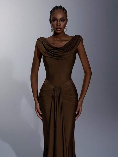 Elitara Elegant, Simple, And Stylish, This Coffee-Colored Stretch Satin Skirt Features A Front And Back Draped Neckline, Mermaid Details, And A Flowing Sequined Design. Suitable For Formal Occasions, Wedding Guests, Wedding Parties, Holidays, And As A Bridesmaid Dress.