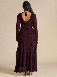 SHEIN BAE Vestido de manga larga con abertura y volantes en color morado berenjena para mujer de talla grande - Morado - Ver 2