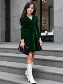 SHEIN Đầm dự tiệc nhung xanh cổ chữ thập tay lỡ thanh lịch cho bé gái tuổi mới lớn, thích hợp cho các dịp tiệc tùng, năm mới, giáng sinh, thu/đông - màu xanh lá - Xem 7