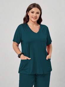 TaskEZ Plus Size Solid Color Short Sleeve Double Pocket Scrub Uniform Top - Teal Blue - View 4