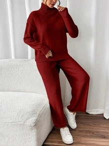 SHEIN 女式纯色高领落肩长袖毛衣和针织裤休闲两件套，秋冬 - 紅色 - 查看 5