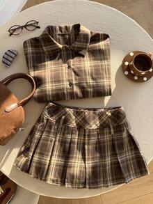 Comfortcana 女式格子简约休闲长袖衬衫和裙子两件套 - 彩色 - 查看 6