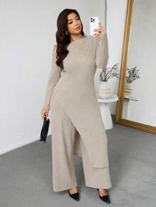 大码纯色侧开叉上衣和裤子两件套，时尚通勤，秋季 - 杏色 - 查看 6