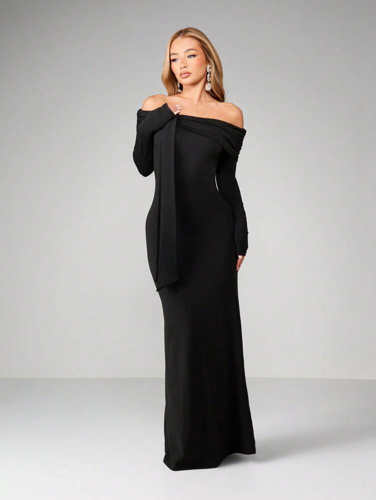 MISSGUIDED Bardot-Maxikleid mit Off-Shoulder Ausschnitt und langen Ärmeln für Abendanlässe