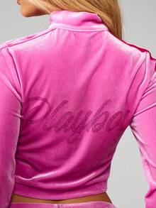 Missguided x Playboy Velour Zip Up Jacket With Embellished Logo Detail And Ribbed Cuffs For Casual Winter Outfits - Pink - View 7