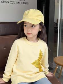 SHEIN 女童亮片五角星图案圆领长袖休闲毛衣，秋冬季闪亮服饰，适合3-4岁女童，秋冬季服装，毛衣，女童针织毛衣，女童秋冬季毛衣，可爱服饰，春秋季套装，女童秋冬季服装，女童服装，女童秋冬季服装，毛衣，女童秋冬季毛衣，秋冬季女童服装，秋冬季女童服装，套头衫 - 黃色 - 查看 9