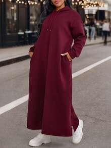 EMERY ROSE Váy nỉ trùm đầu lót nhiệt màu trơn cỡ lớn dành cho nữ, mùa thu/đông - Màu Đỏ Sâu - Xem 3