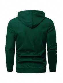 Manfinity Homme 大码男式字母印花长袖拉链前口袋抽绳连帽夹克 - 墨綠色 - 查看 2