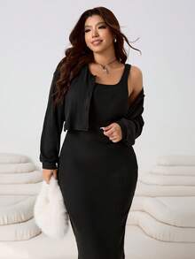 SHEIN EZwear Ensemble 2 pièces top à manches longues et jupe de couleur unie minimaliste grande taille, tenue de tous les jours