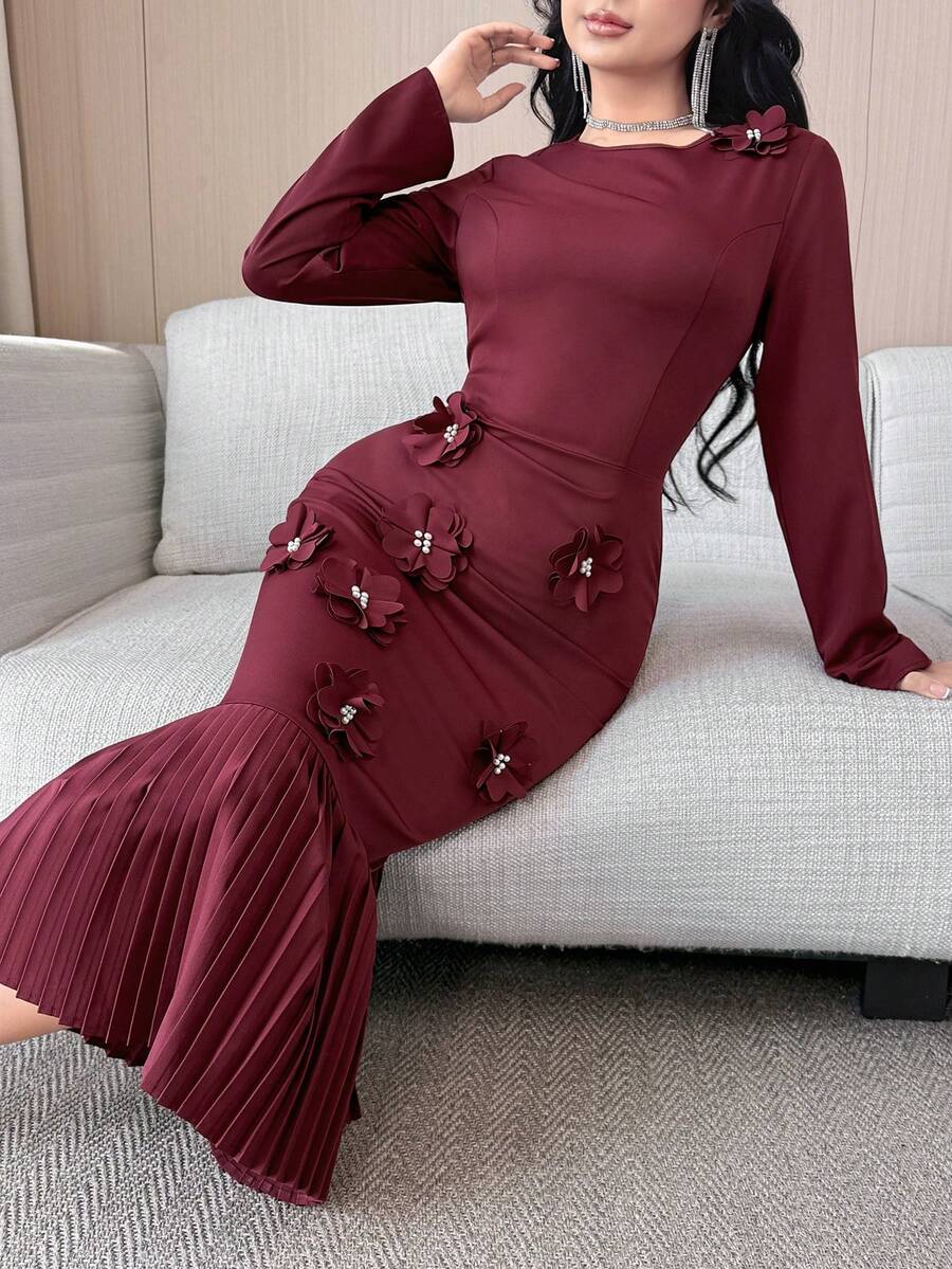 Modelyn Women's Round Neck Long Sleeve Floral Decor Pleated Hem Elegant Dress - Burgundy - View 1