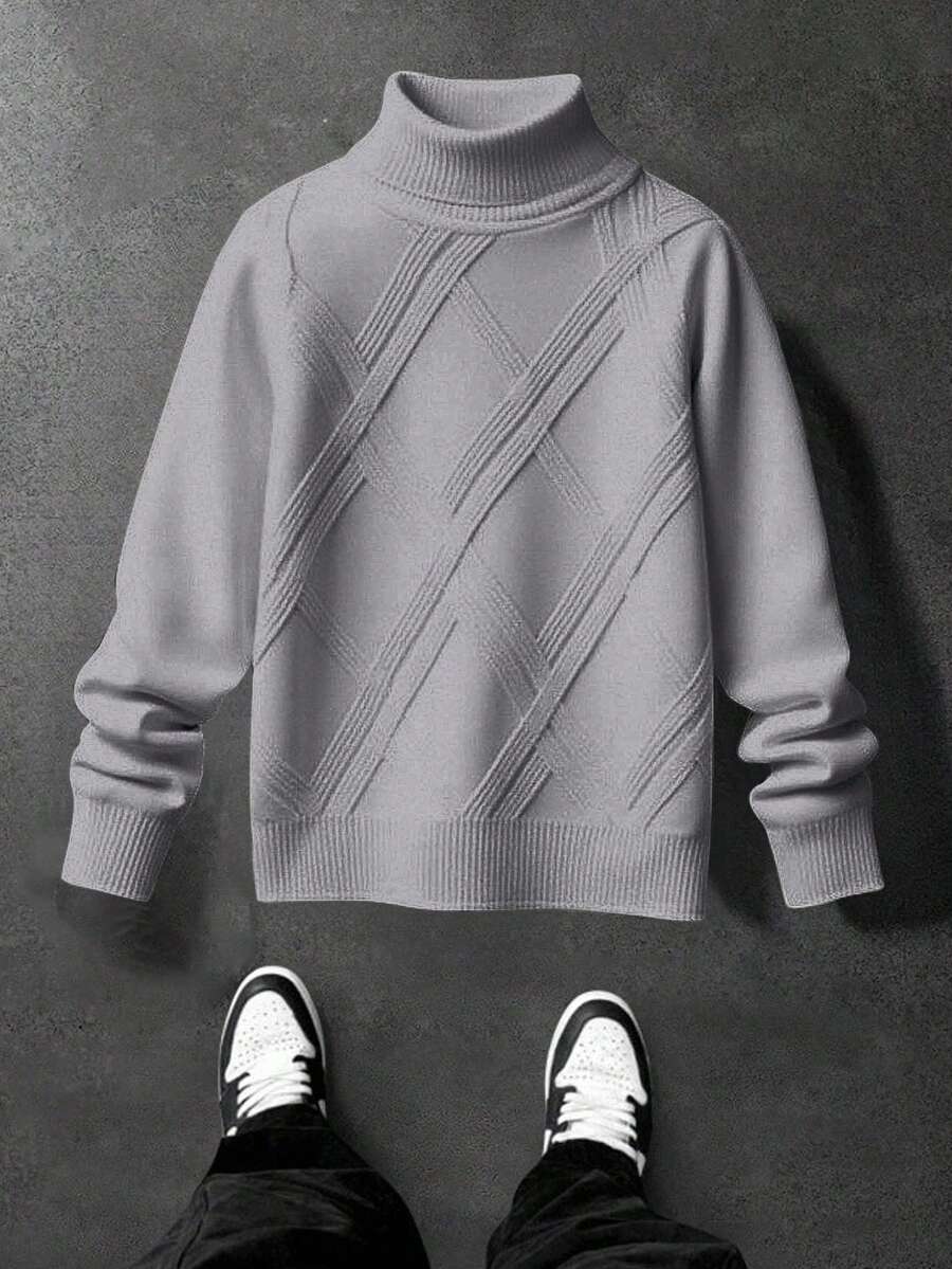 SHEIN 青少年男孩休闲舒适百搭高领毛衣 - 淺灰色 - 查看 1