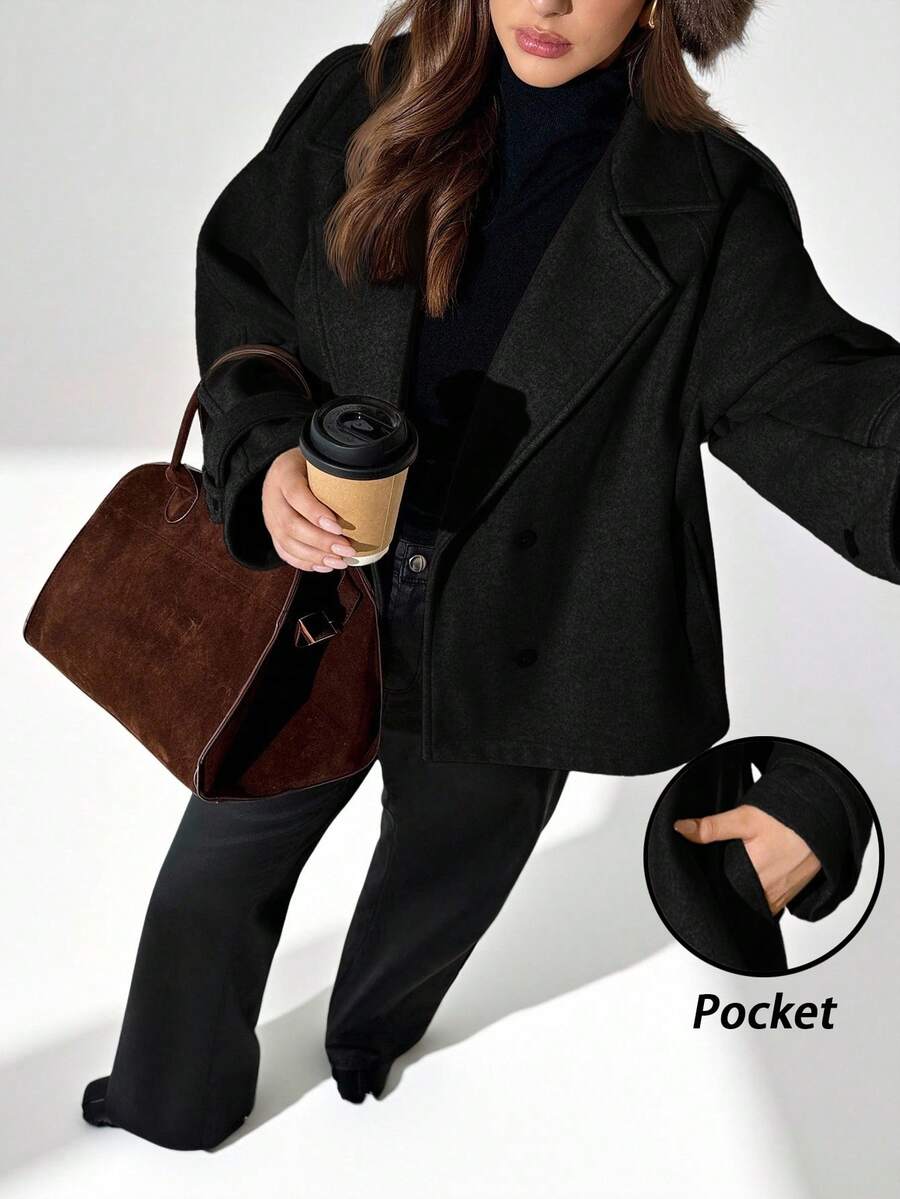 Auralis Plus Size Women's Solid Color Lapel NeckLong Sleeve Double-Breasted Casual Jacket, Autumn/Winter Office Old Money - Black - View 1