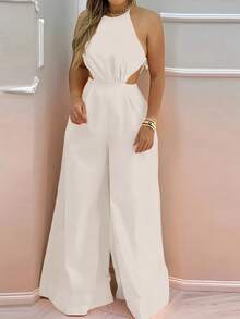 INAWLY Mono recto con piernas rectas, sin espalda y con corbata casual para mujeres - Albaricoque - Ver 2