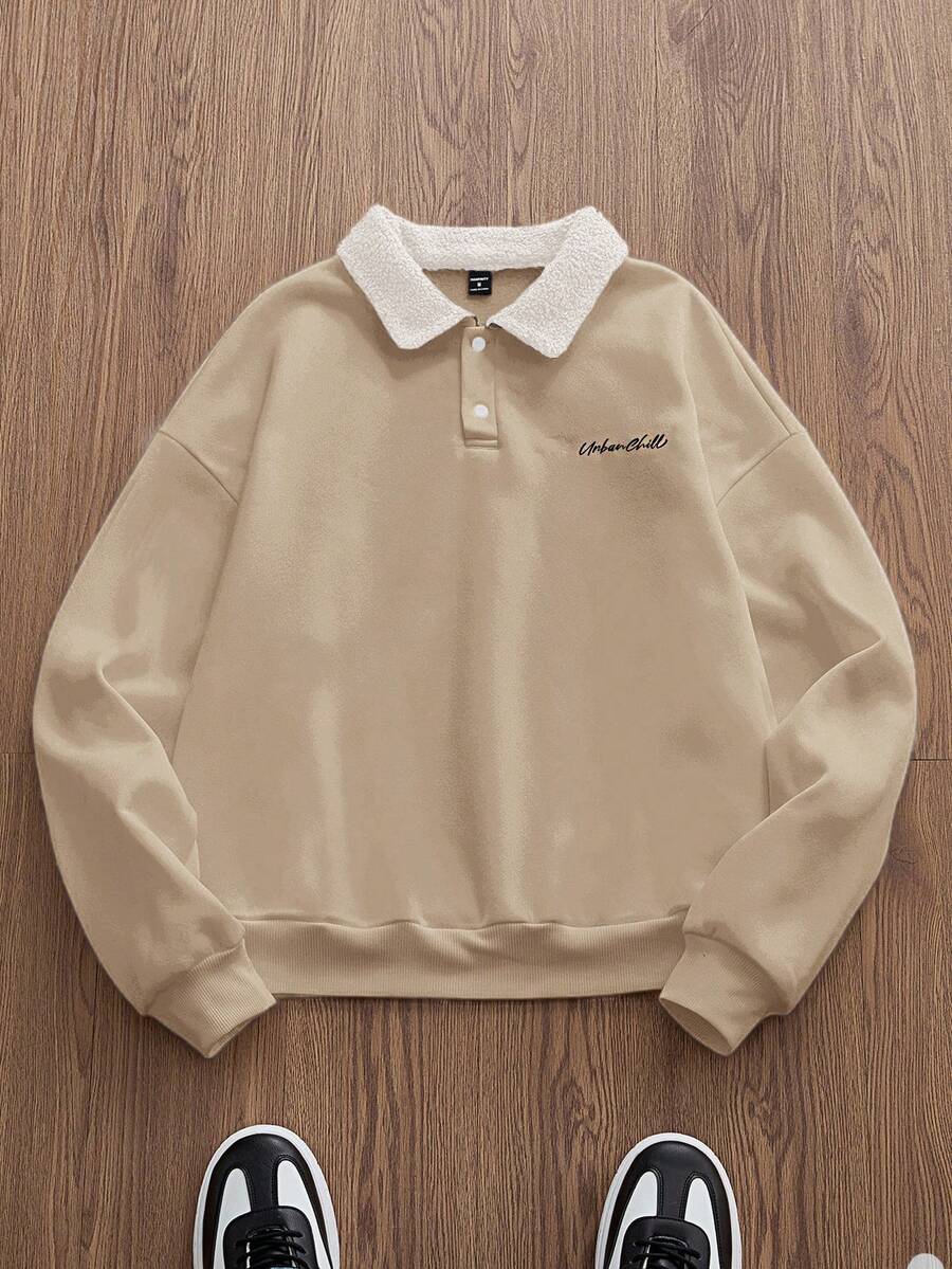 Manfinity Unisex 男士针织休闲宽松长袖卫衣，时尚日常穿着，秋冬季，情侣装 - 淺卡其色 - 查看 1