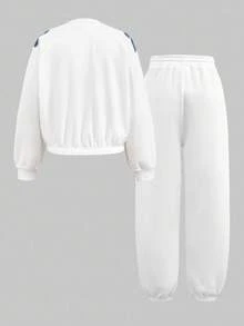 SHEIN Tween Girls Casual Loose Sweatshirt With V-Neck & Number/Letter Print & Printed Drawstring Waist Sweatpants Set, Autumn/Winter - Pink - View 2
