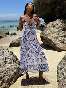 Swim Vcay Vestido largo de verano con tirantes finos y espalda descubierta con estampado, vestido casual tipo pareo para cubrir traje de baño, escote en V