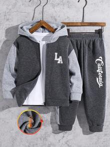 SHEIN 2 件套儿童男童休闲日常舒适字母印花拼接撞色连帽宽松长袖开衫和宽松纯色慢跑裤针织套装，适合学校、花园、海滩、生日、春季、夏季、秋季、冬季 - 彩色 - 查看 7