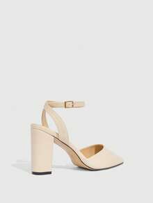 CUCCOO SZL 尖头粗跟露后跟系带百搭优雅性感杏色PU高跟鞋 - 杏色 - 查看 4