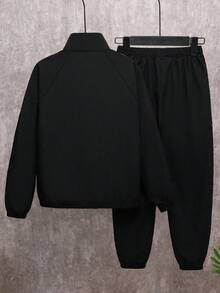 SHEIN 2pcs Kids/Tween Boys Casual Everyday Comfortable Stand Collar Half-Zip Pullover Jacket With Contrast Taping, And Loose Fit Drawstring Waist Pants Set, Suitable For School, Garden, Beach, Birthday, Spring, Summer, Fall, Winter - Black - View 3