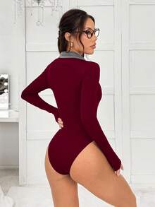 SHEIN EZwear Bộ đồ liền thân màu Burgundy tối giản giản dị dành cho nữ, phù hợp cho mùa thu/đông - Màu Đỏ Sâu - Xem 2