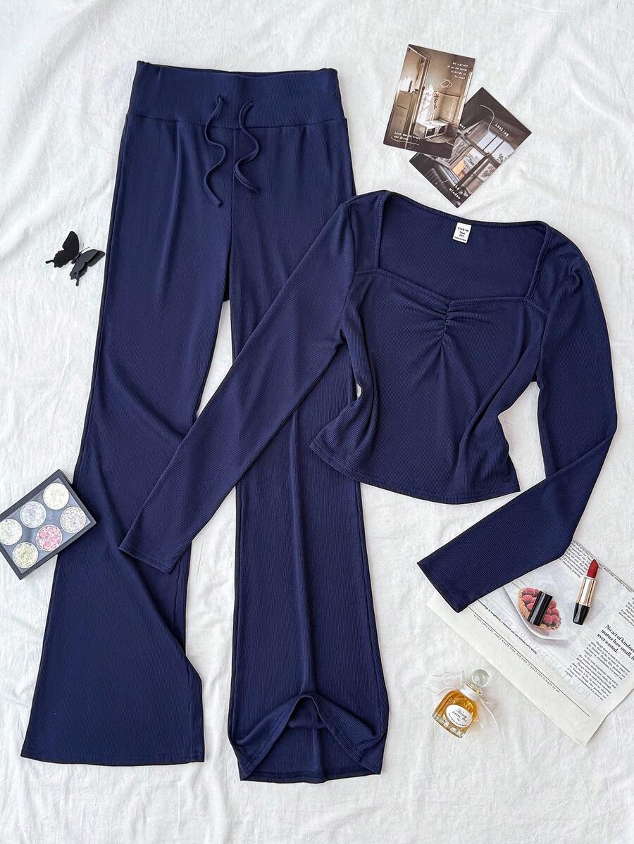 Teen Girls Long Sleeve Ruched Front T-Shirt And Flare Leg Pants Co-Ord Set - Navy Blue - View 1