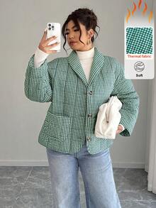 Calvaya 大码女式格子印花休闲宽松棉服外套，秋冬 - 綠色 - 查看 7