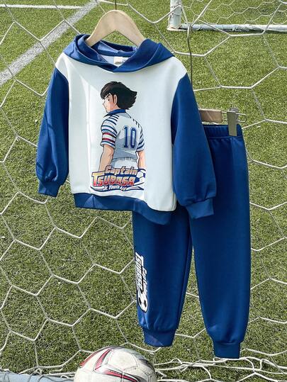 Captain Tsubasa X SHEIN 2件套年轻女孩运动休闲足球运动员图案拼色连帽运动衫和裤子针织运动服