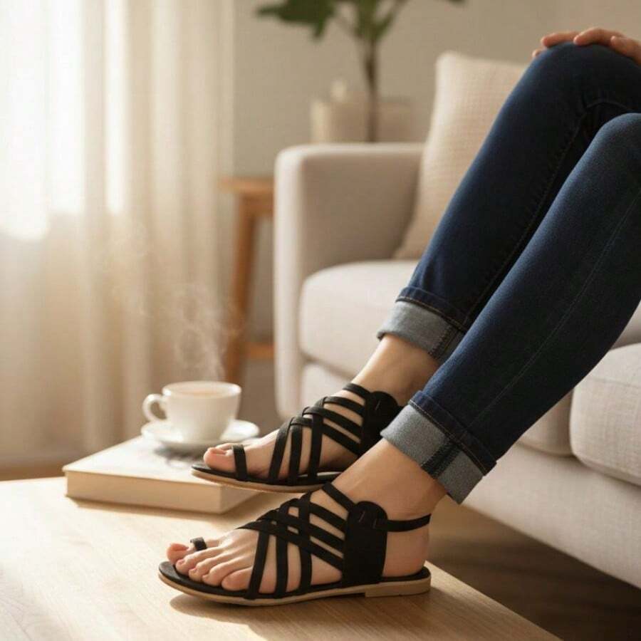 Sandalia de piso sujetador dedo con tacón bajo Buy style Tiras - Negro - Ver 1