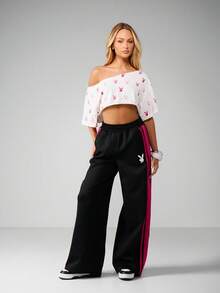 Missguided x Playboy Oversized Bunny Wide Leg Joggers With Side Stripes Elastic Waist Casual Sweatpants - Multicolor - View 3