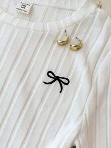 Tween Girls Casual Street Style Bow Embroidered Graphic Long Sleeve T-Shirt - White - View 3