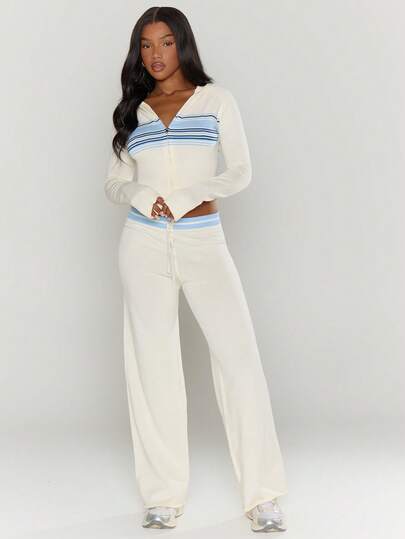 MUSERA Knit Striped Fitted Hoodie Tracksuit Top Only Winter Cosy Casual Loungewear Evening Party Elegant Spring Sweater